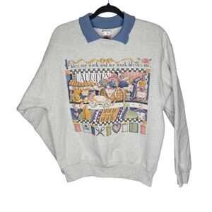 Vintage 90s Home Sweet Home Cat Laundry Collared Crewneck Sweatshirt Size Medium